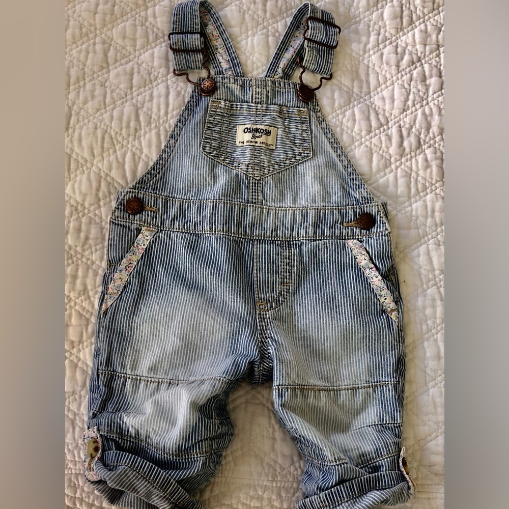 OshKosh B'gosh Navy Striped Overalls w/Pink Flowers